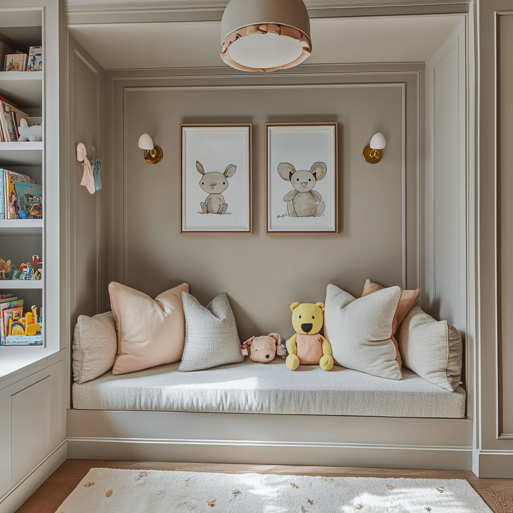 Nicchia con letto a giorno su misura per cameretta bambini, integrata in armadiatura classica contemporanea color tortora con decorazioni delicate