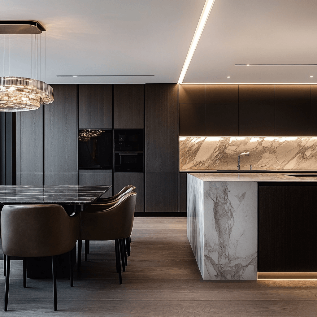 Cucina moderna di lusso con grande isola in marmo venato, mobili in legno scuro a tutta altezza e tavolo da pranzo in marmo nero. Design Atelier Studio Milano
