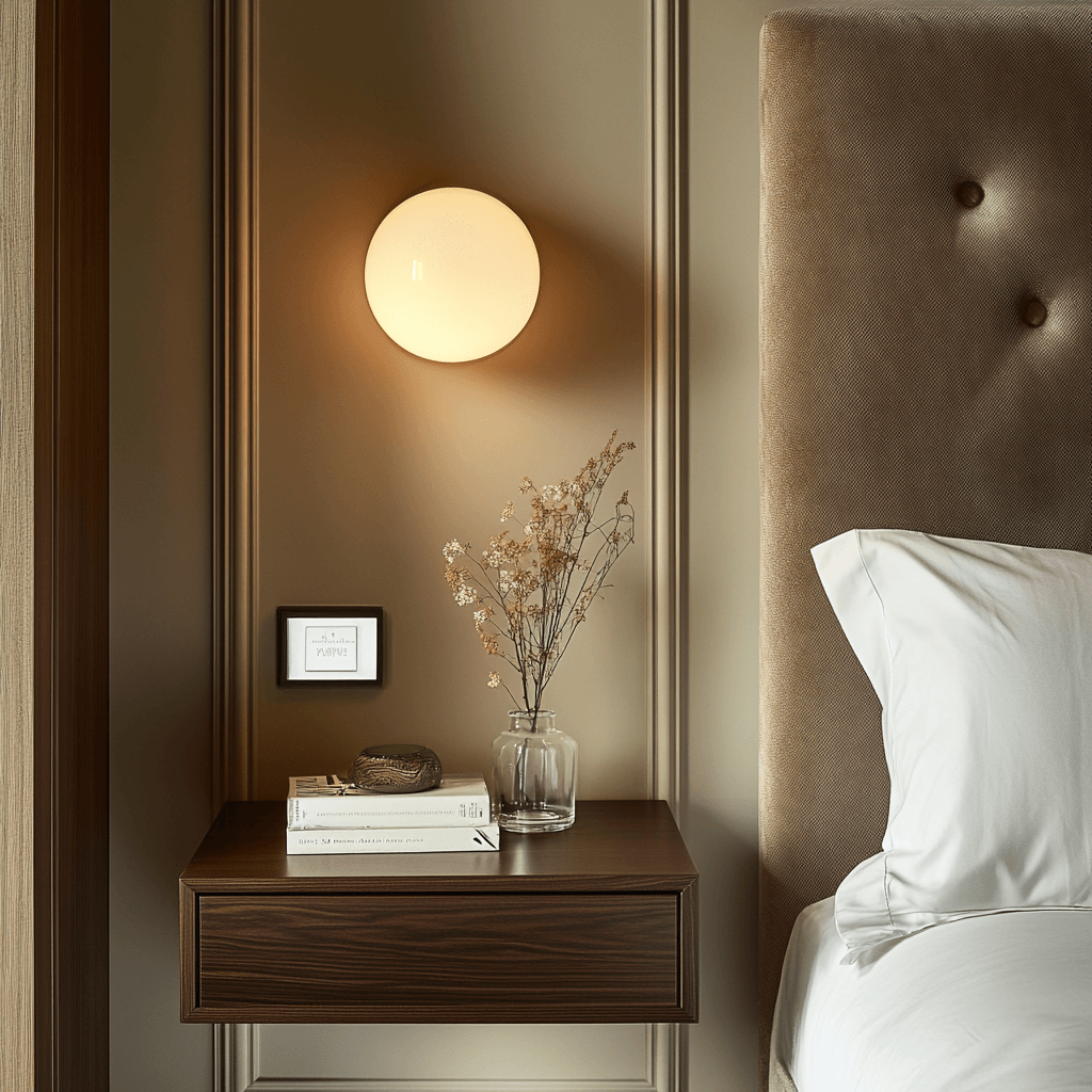 Dettaglio comodino sospeso su misura in legno scuro, lampada a parete sferica di design e testata del letto in tessuto tramato