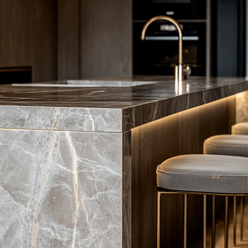 Close-up piano cucina in marmo grigio con venature a vista, illuminazione sottotop a led e sgabelli da cucina in tessuto pregiato
