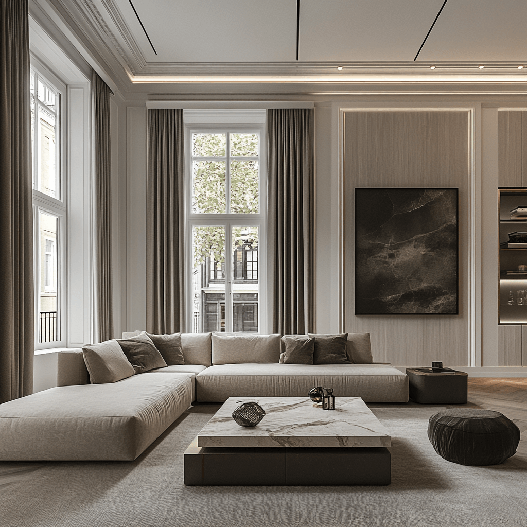 Living room elegante con grande divano angolare in tessuto chiaro, tavolino basso in marmo e boiserie moderna alle pareti in appartamento milanese