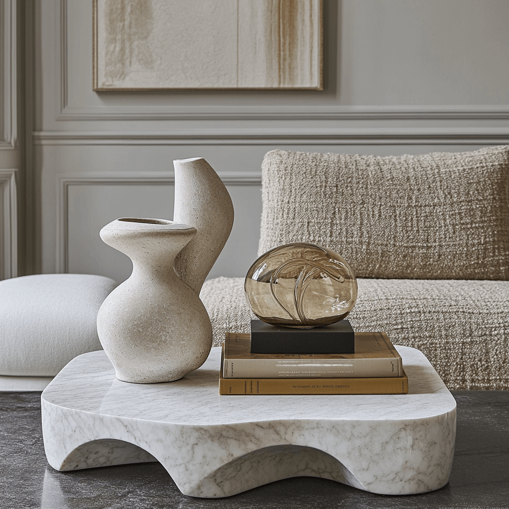Close-up tavolino da caffè scultoreo in marmo bianco con vasi di design e libri d'arte, dettaglio di styling per progetto residenziale di lusso