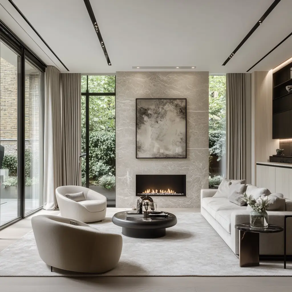 Ampio salotto di lusso dal design contemporaneo con parete camino in marmo, grandi vetrate sul giardino e arredi nei toni neutri